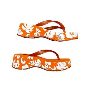 Y2K Tommy Hilfiger Size 6 Orange Floral Platform Flip Flops